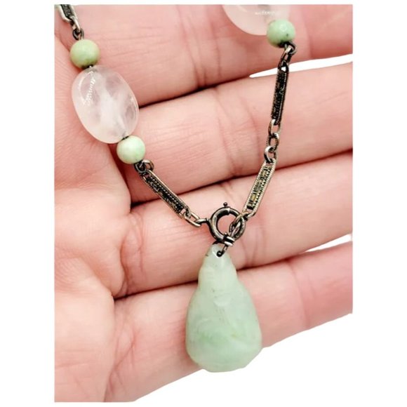 Czech Art Deco Flapper Silver Rose Quartz And Jade Figural Bracelet (A2609) - Picture 2 of 6